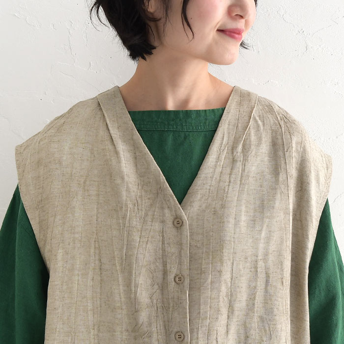 ベスト レディース ジレ 羽織り 重ね着 麻レーヨン ムラ染め 後ろタック 麻 25SS0404, | earth_eco_loco | 17
