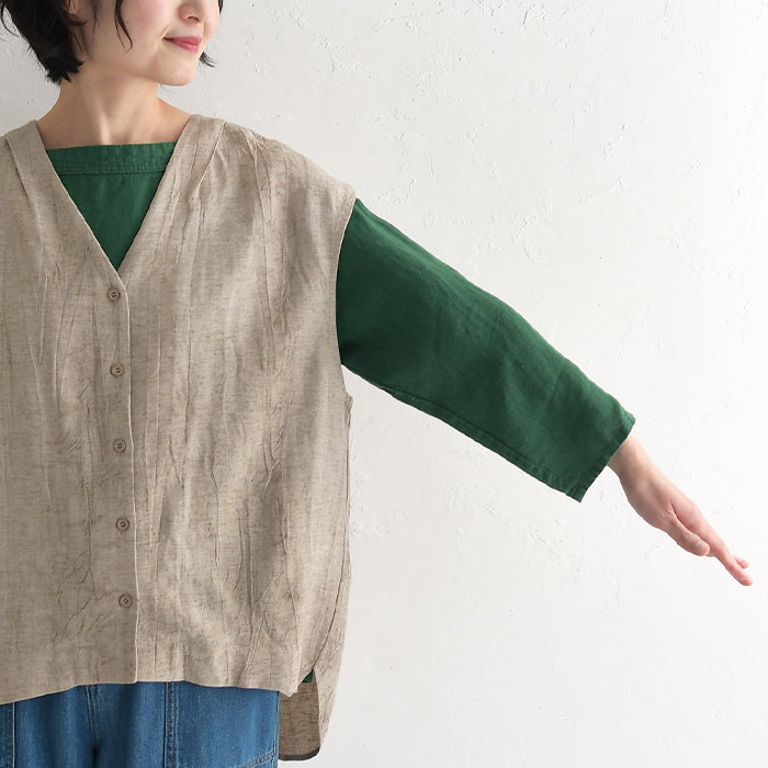 ベスト レディース ジレ 羽織り 重ね着 麻レーヨン ムラ染め 後ろタック 麻 25SS0404, | earth_eco_loco | 19