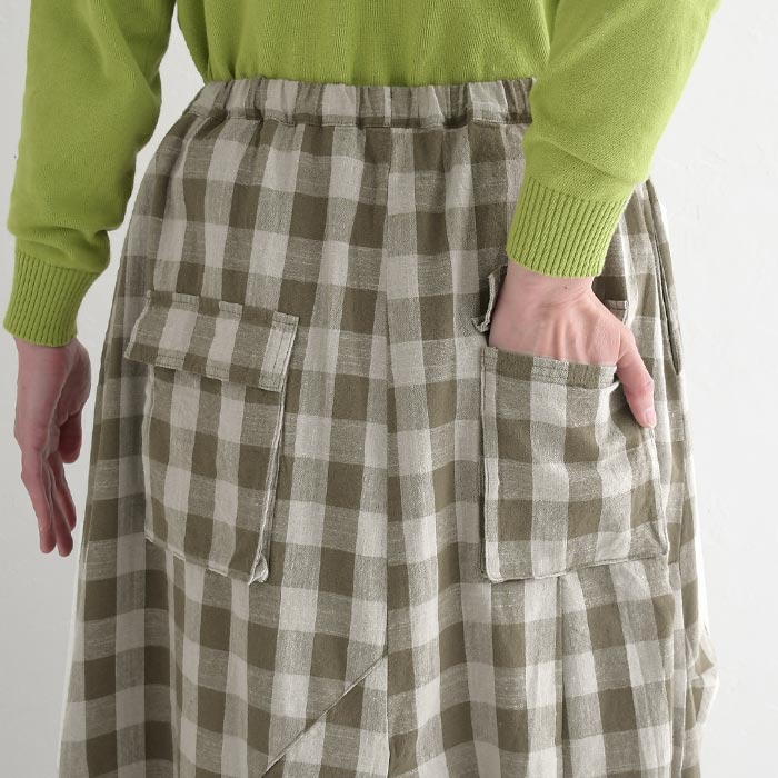 新作早割P5倍 ロングスカート レディース 綿麻 チェック 変形切替 春 夏 30代 40代 50代 26SS0219, | earth_eco_loco | 15