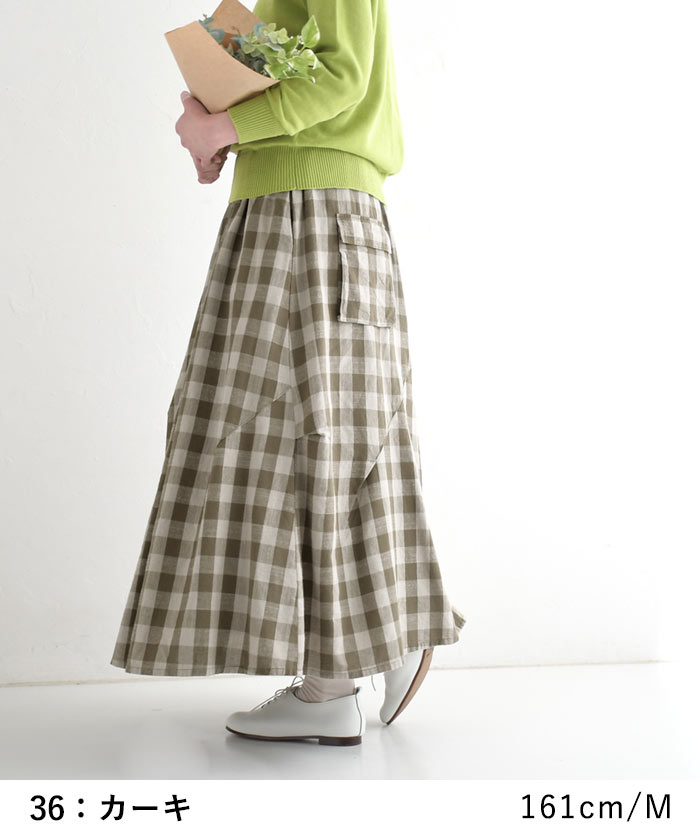 新作早割P5倍 ロングスカート レディース 綿麻 チェック 変形切替 春 夏 30代 40代 50代 26SS0219, | earth_eco_loco | 09