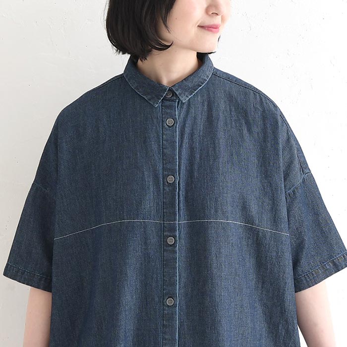 シャツワンピース 綿麻デニム ステッチ使い ワイド earth_eco_loco 春 夏 30代 40代 50代 26SS0508, | earth_eco_loco | 16