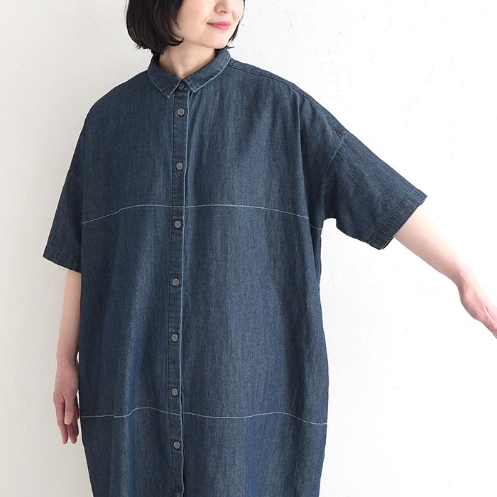 シャツワンピース 綿麻デニム ステッチ使い ワイド earth_eco_loco 春 夏 30代 40代 50代 26SS0508, | earth_eco_loco | 18