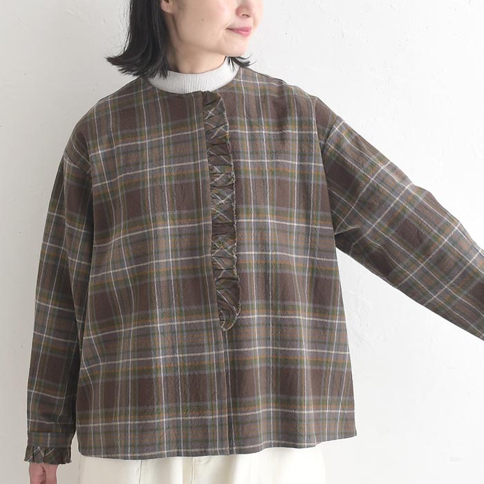 早割10％OFFクーポン ブラウス 綿麻 フリル チェック earth_eco_loco  秋冬 30代 40代 50代 26AW0821, | earth_eco_loco | 18