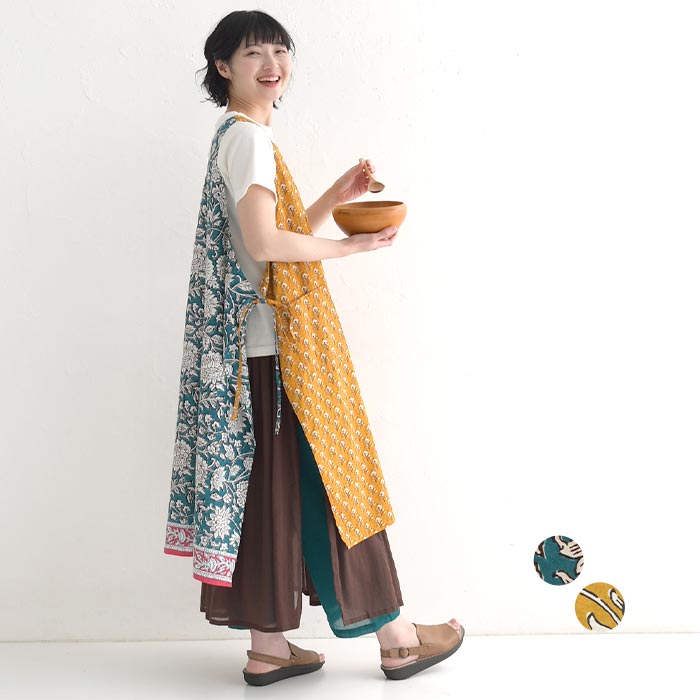 メール便可 エプロンチュニック ジレ レディース ワンピース ロング インド綿 前後着 2WAY パネル柄 25SS0404, | 