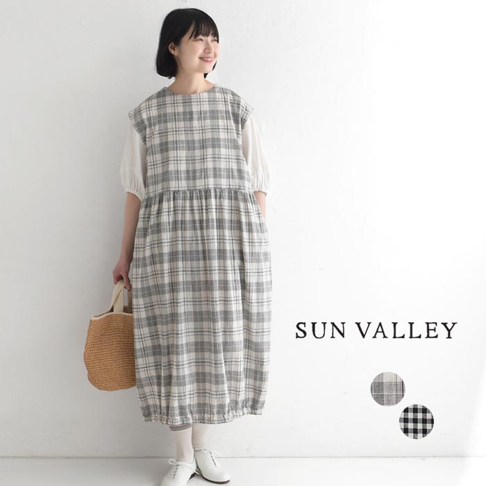新作早割P5倍 ワンピース SUN VALLEY 綿麻平織 チェック フレンチ袖 春 夏 30代 40代 50代 26SS0306, | SUN VALLEY