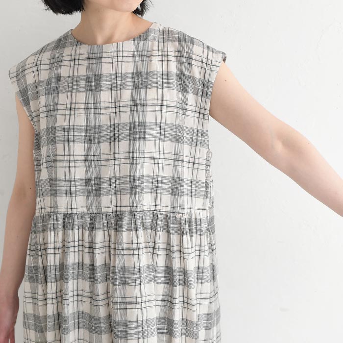 新作早割P5倍 ワンピース SUN VALLEY 綿麻平織 チェック フレンチ袖 春 夏 30代 40代 50代 26SS0306, | SUN VALLEY | 17