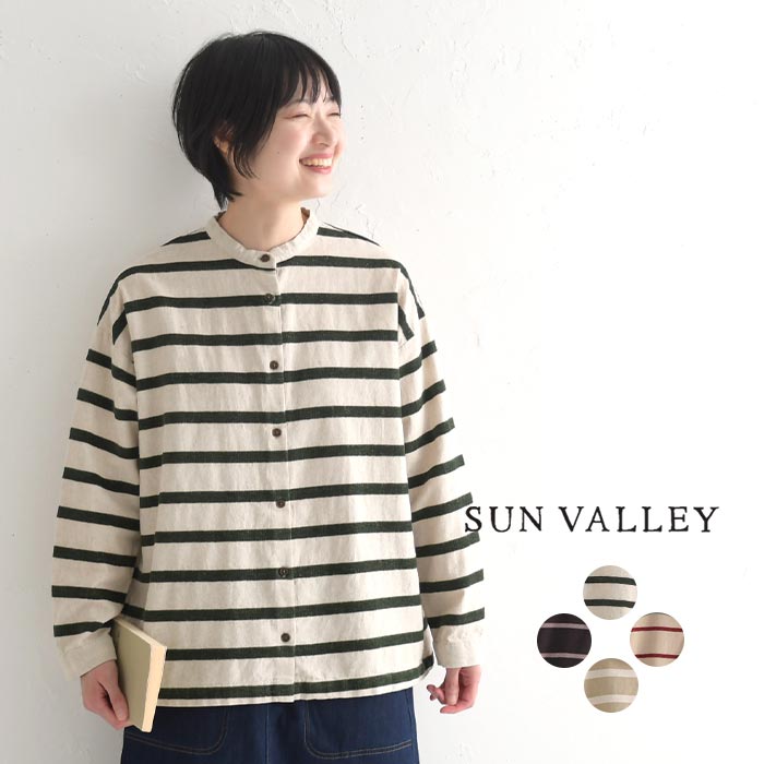 シャツ ブラウス 長袖 レディース ボーダー バンドカラー SUN VALLEY サンバレー 綿麻 24AW1024, redt, gret, 　爆買