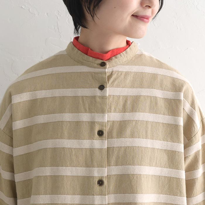 シャツ ブラウス 長袖 レディース ボーダー バンドカラー SUN VALLEY サンバレー 綿麻 24AW1024, redt, gret, 　爆買 SUN VALLEY シャツ ブラウス 長袖 レディース ボーダー バンド