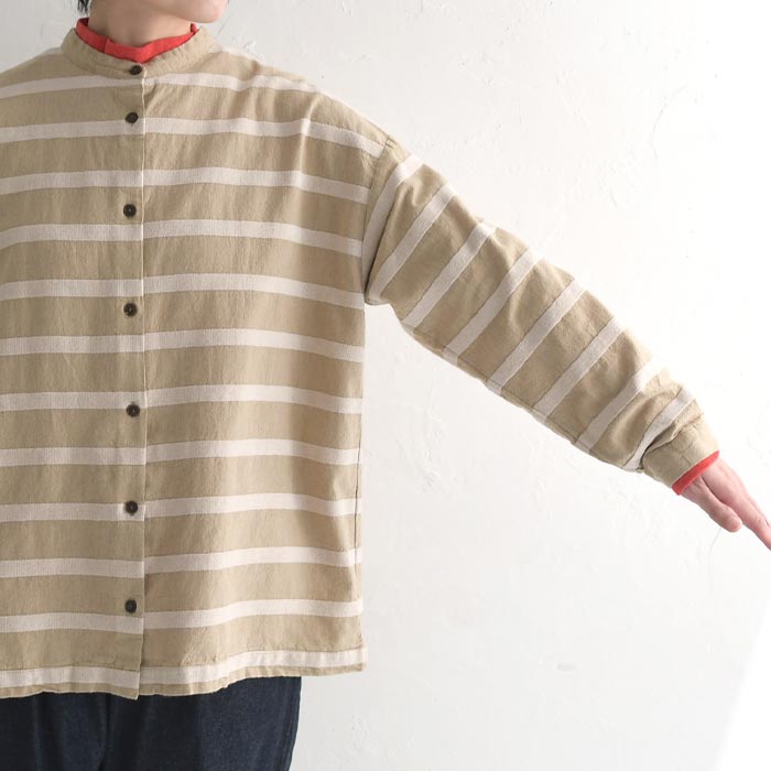 シャツ ブラウス 長袖 レディース ボーダー バンドカラー SUN VALLEY サンバレー 綿麻 24AW1024, redt, gret, 　爆買 SUN VALLEY シャツ ブラウス 長袖 レディース ボーダー バンド