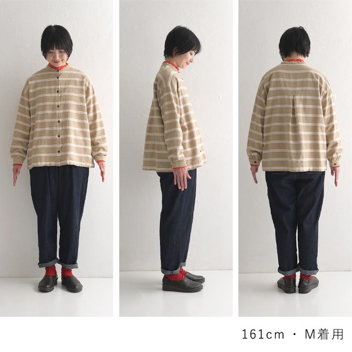 シャツ ブラウス 長袖 レディース ボーダー バンドカラー SUN VALLEY サンバレー 綿麻 24AW1024, redt, gret, 　爆買 SUN VALLEY シャツ ブラウス 長袖 レディース ボーダー バンド