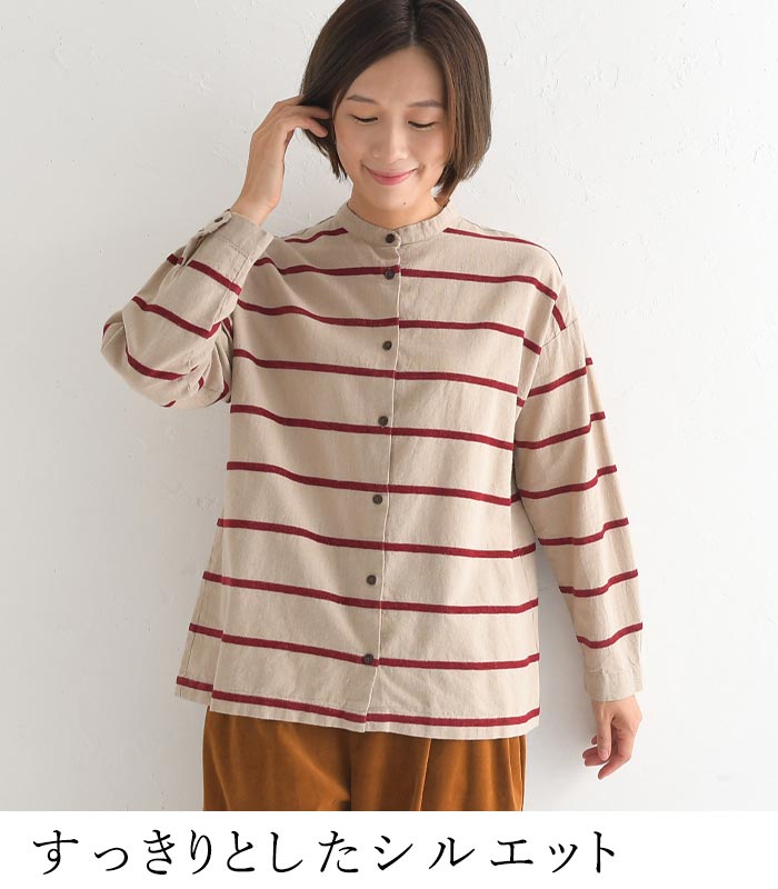 シャツ ブラウス 長袖 レディース ボーダー バンドカラー SUN VALLEY サンバレー 綿麻 24AW1024, redt, gret, 　爆買 SUN VALLEY シャツ ブラウス 長袖 レディース ボーダー バンド