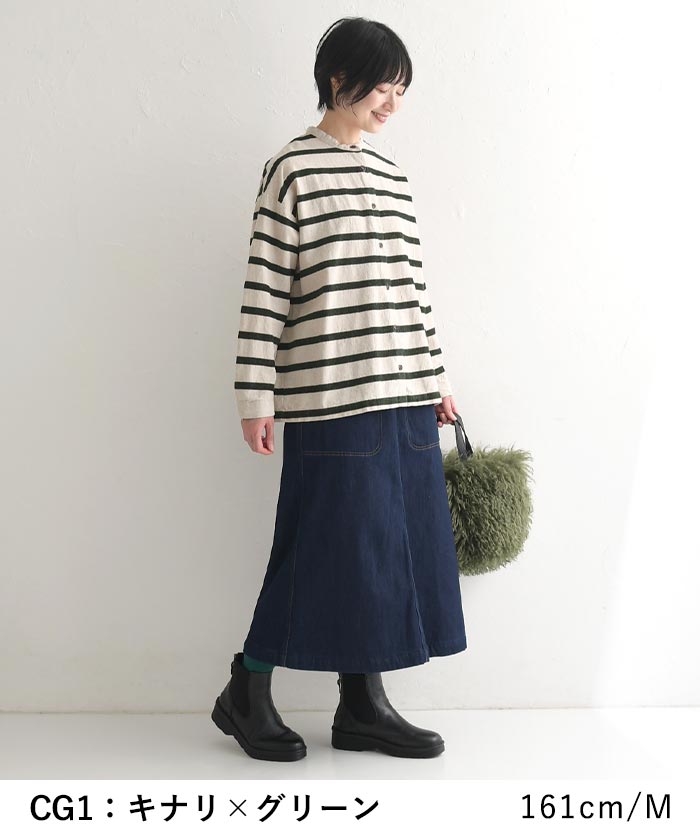 シャツ ブラウス 長袖 レディース ボーダー バンドカラー SUN VALLEY サンバレー 綿麻 24AW1024, redt, gret, 　爆買 SUN VALLEY シャツ ブラウス 長袖 レディース ボーダー バンド