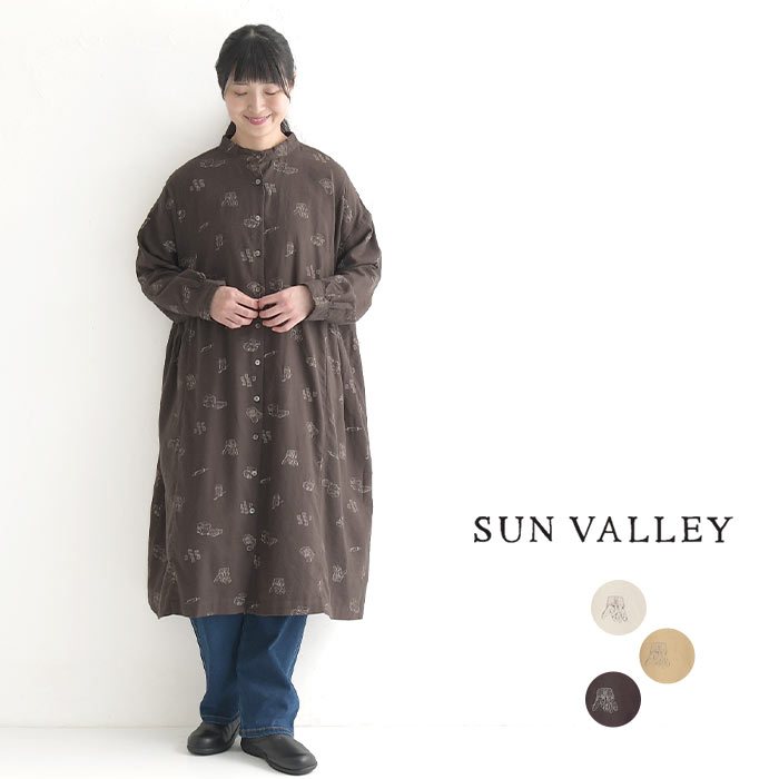 SUN VALLEY コットン スタンドカラー チュニック 微起毛 ブラウス シャツ パン柄 綿100％ チュニックワンピース 23AW1025,