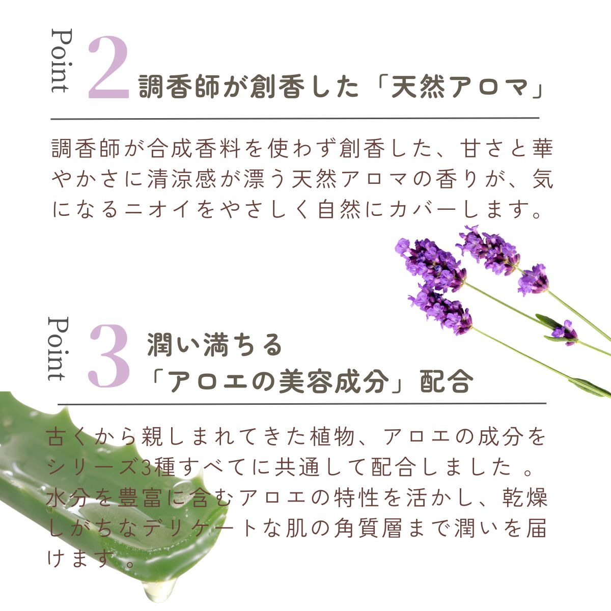 調香師が合成香料を使わず創香した、甘さと華やかさに清涼感が漂う天然アロマの香りが、気になるニオイをやさしく自然にカバーします。 古くから親しまれてきた植物、アロエの成分をシリーズ3種すべてに共通して配合しました 。
水分を豊富に含むアロエの特性を活かし、乾燥しがちなデリケートな肌の角質層まで潤いを届けます 。