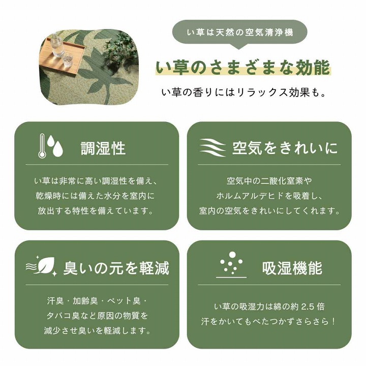NSセレス い草 い草ラグ カーペット リーフ リーフ柄 和室 リビング 滑り止め お手入れ簡単 夏 抗菌防臭 調湿 消臭 空気清浄 汚れにくい_3