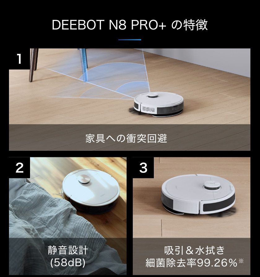 ロボット掃除機 DEEBOT N8 PRO+ D-ToF マッピング機能 自動ゴミ収集 水拭き機能 N8 + メーカー1年間保証 #Hi