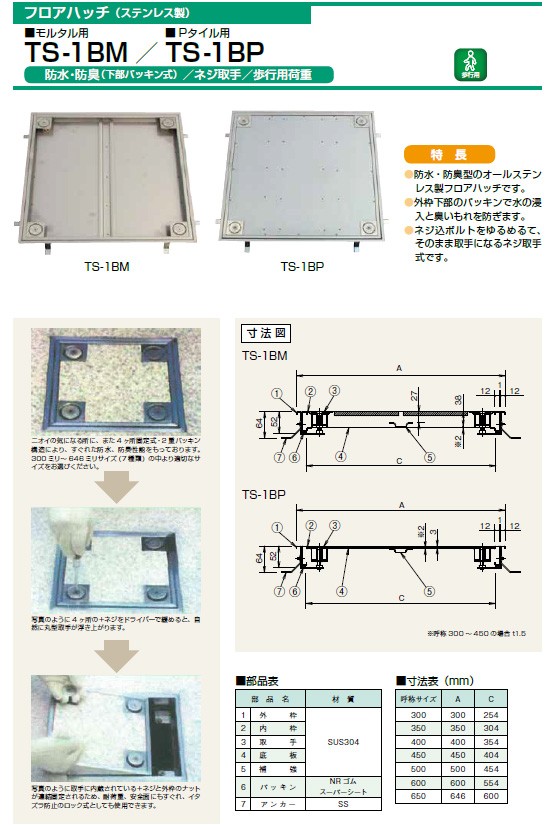 ホーコス TS-1M-600 直送 フロアーハッチ モルタル用 600mm角 TS1M600