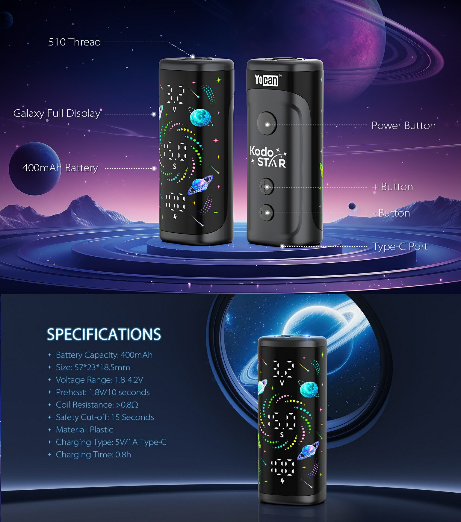 Yocan Kodo Star 400mAh 予熱機能 510規格 Type-C充電 本体