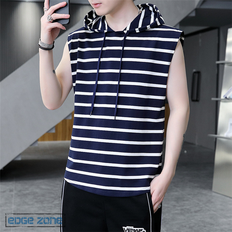 半袖パーカー メンズ 大きいサイズ 袖なし 薄手 フード付き 切り替え ストライプ柄 おしゃれ カジュアル 涼しい 年中無休