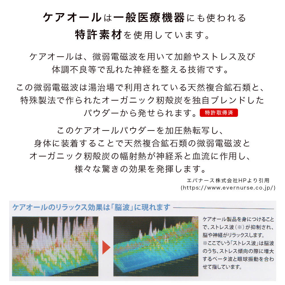 ケアオールは一般医療機器にもつかわれる特許素材を使用しています。