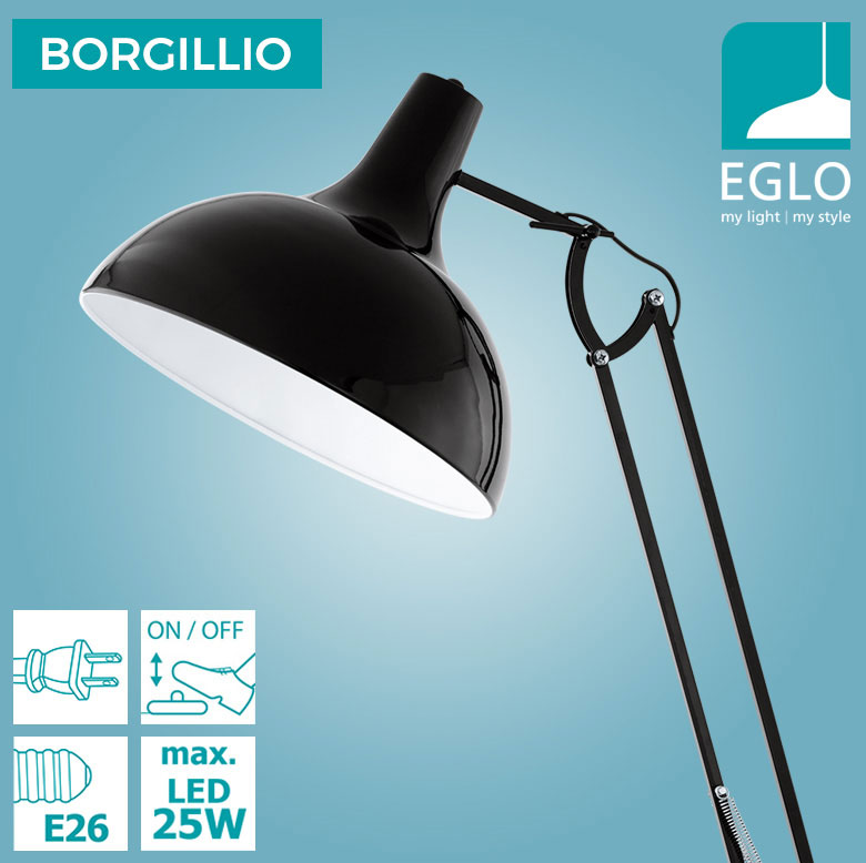 EGLO エグロ／BORGILLIO ボルギリオ スタンドライト フロアランプ 黒 ブラック クランプ式 アーム インダストリアル ヴィンテージ LED 大型