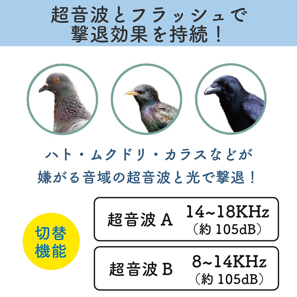 鳥よけ 超音波 周波数 センサー ソーラー 鳥しっし フラッシュ ハト ムクドリ カラス 鳥撃退 鳥被害 フン 忌避 屋根 駐車場 玄関 ベランダ 畑 防水 ガレージ |  | 08