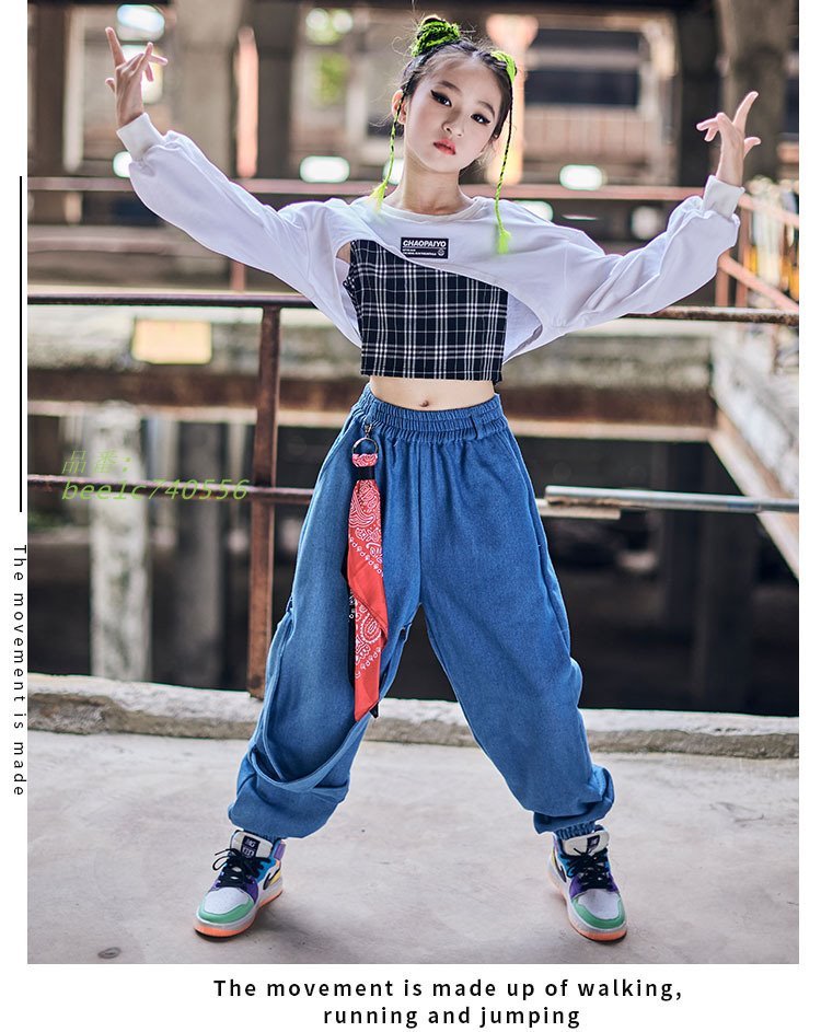 優れた品質 ジャズダンス キッズ ダンス衣装 ヒップホップ 派手 ダンストップス パンツ セットアップ 子供 タイダイ柄 デニムパンツ HIPHOP  演出服 ステージ衣装 練習着