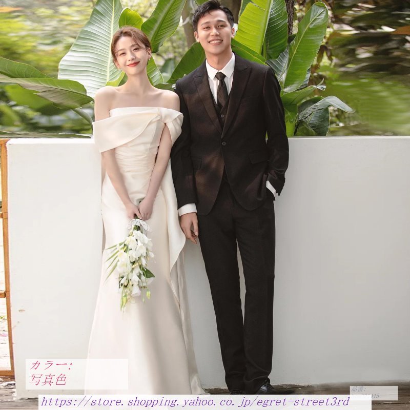ウェディングドレス 韓国 クラシック オフショルター 結婚式 ブライダル 花嫁ロングドレス ウェディ...