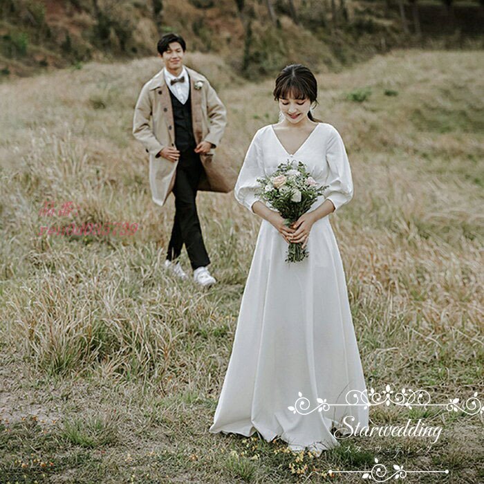 予約販売品 ウエディングドレス 披露宴 前撮り ロング丈 袖あり 花嫁 ワンピース イブニングドレス ウエディングドレス 結婚式 二次会 ブライダル 7分袖 白 ブライダル 数量限定 Www Thedailyspud Com