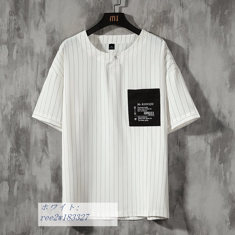 Tシャツ メンズ 半袖Tシャツ カジュアル 夏 ティシャツ ヘンリーネック 大きいサイズ 韓国風 ストライプ 丸首 ロゴ｜egret-street4th｜02