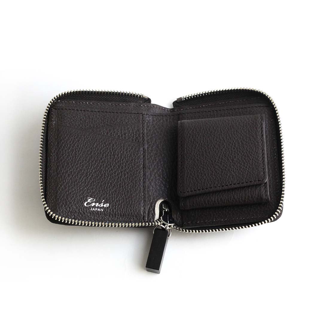 Ense（アンサ） / sew132 wood zipper mini wallet ミニウォレット - 全4色 コンパクト 財布 ミニ ウォレット 小さい 2つ折り 黒 グレージュ ブラウン ブルー ミニマリスト 財布 Ense（アンサ） / sew132 wood zipper mini wallet ミニウォレット