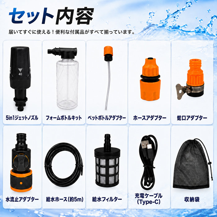 どこでもハンディモバイル高圧洗浄機 充電式 折りたたみ 給水 オムニ