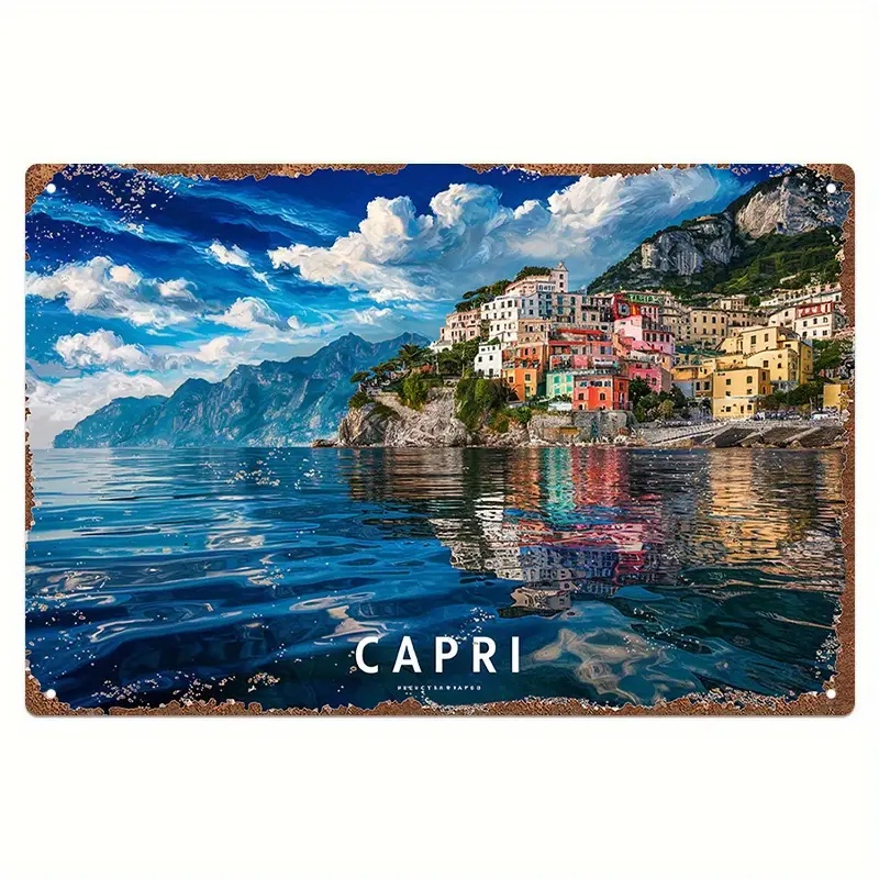 イタリア カプリ島 景色 ブリキ看板 雑貨 都市建築風景 ☆レトロ調