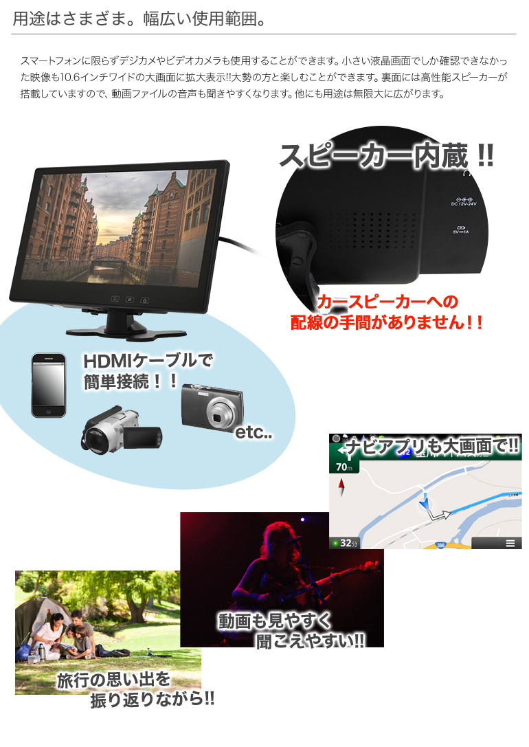 10.6インチ オンダッシュモニター HDMI搭載 高画質 リアモニター