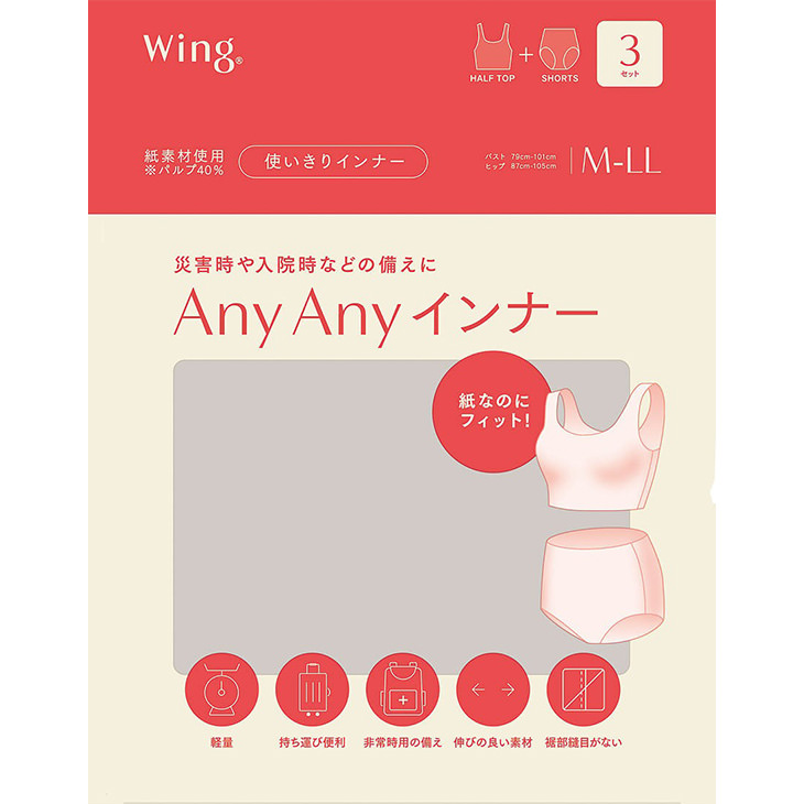 ワコール Wacoal Wing ウイング 使いきりインナー 使い捨て ブラショーツセット ANYANY 3組セット 防災 災害 入院 CW1000