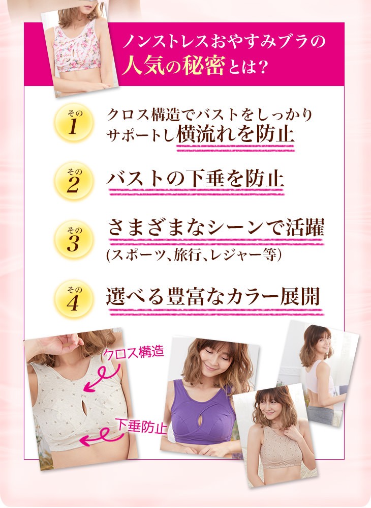ナイトブラ 夜用ブラ 夜ブラ ノンストレスブラ スポブラ ノンワイヤー ブラジャー 下着 レディース S-4L 11色展開