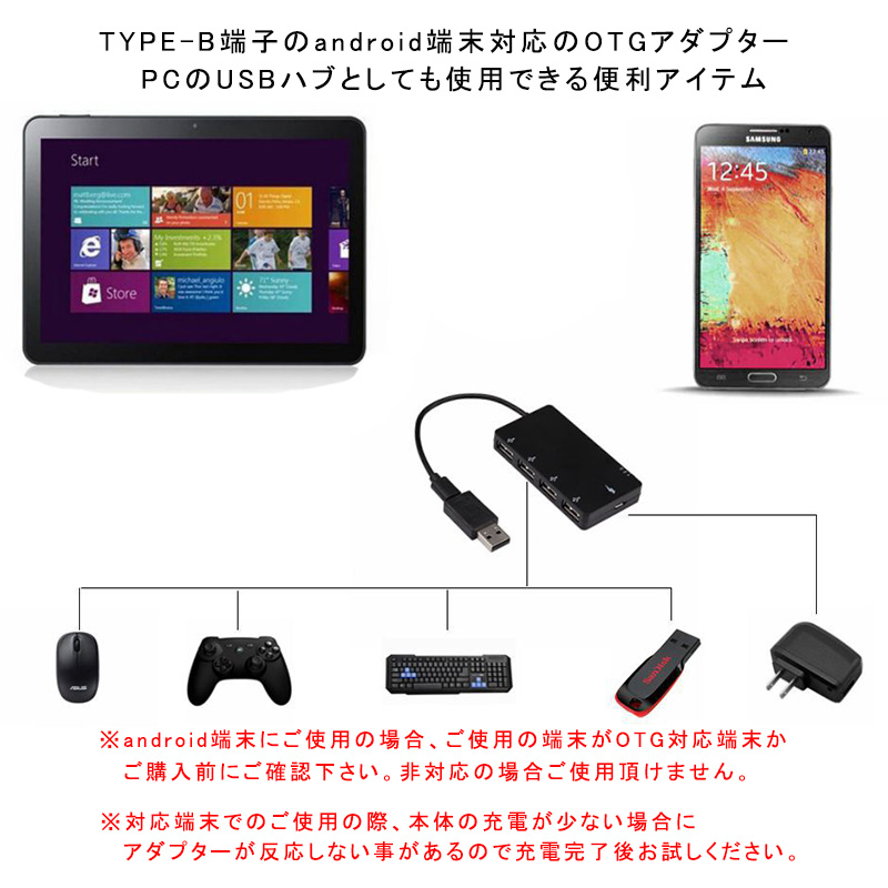 Richer-R 4ポートマイクロUSBハブUSB2.0 OTG拡張アダプター スマートフォンとタブレット用充電ケーブル TYPE-B端子からUSB変換アダプター付き｜elect-shop｜02