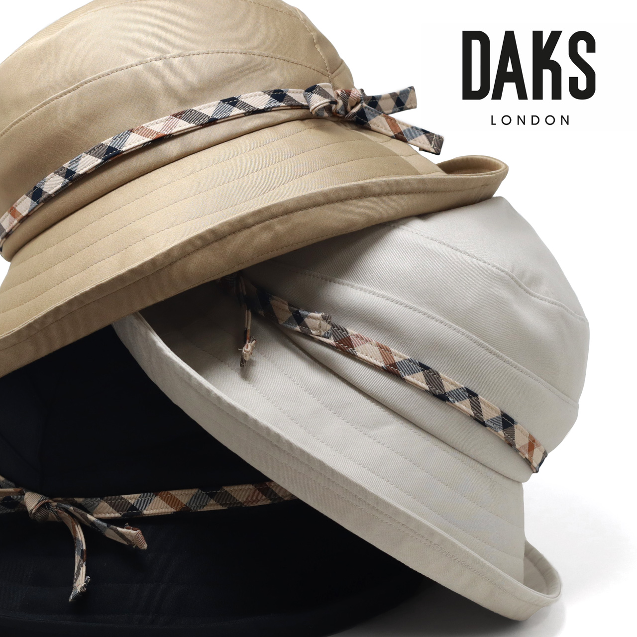 最も信頼できる DAKS 帽子 婦人用 チェック柄 リボン ハット 黒 ベージュ 春夏 M 帽子