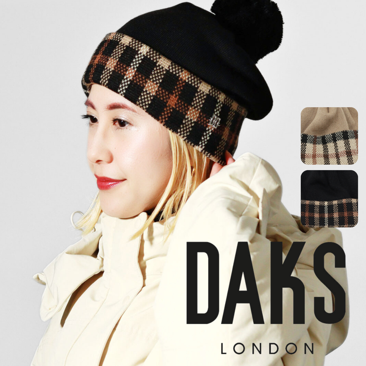 新品　タグ付き　D&G ブラックニット帽 ポンポン付き DAKS（ダックス） ニット帽 ポンポン付き レディース 秋冬 ニット