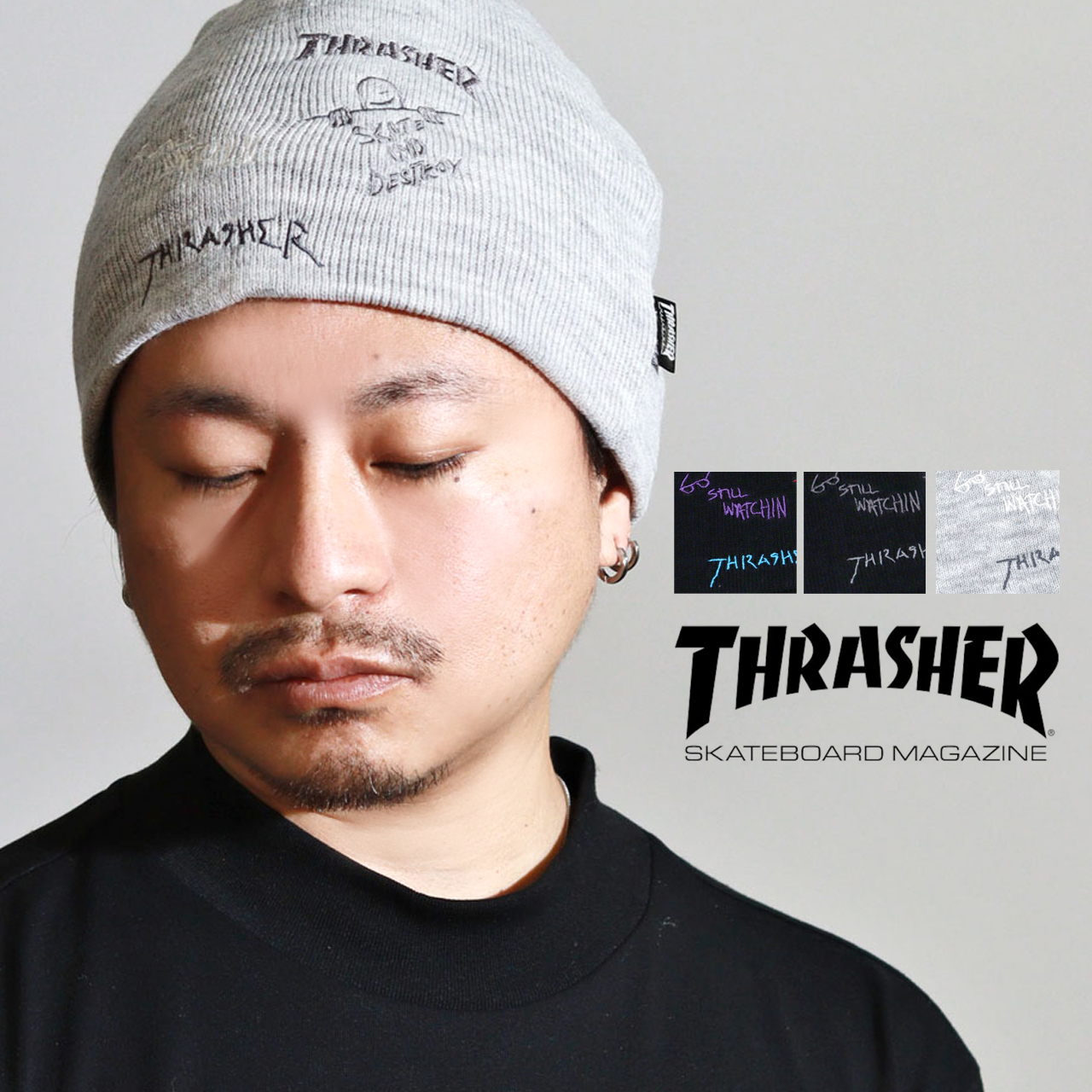 Labyrinths ニット帽 THRASHER（スラッシャー） ニット帽 メンズ ステッカー付き ビーニー