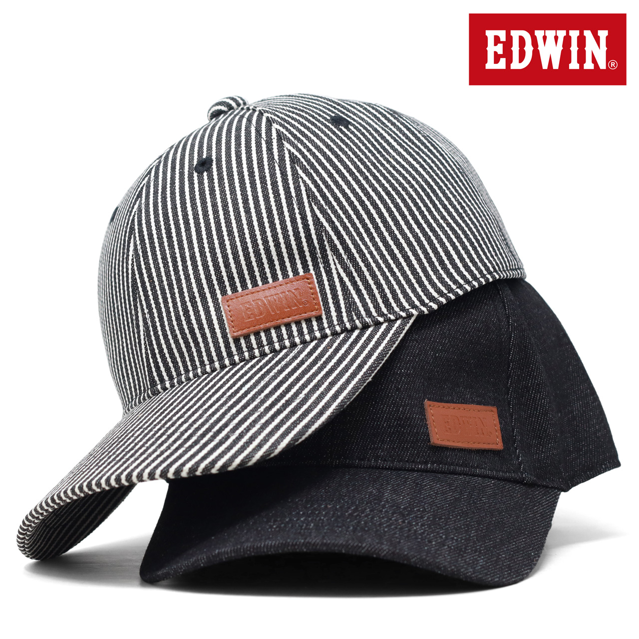 デニムキャップ レザー メンズ EDWIN エドウィン 帽子 メンズ キャップ パッチ デニム ベースボールキャップ サイズ調節可 コットン ストライプ ブラック｜elehelm-hatstore｜02