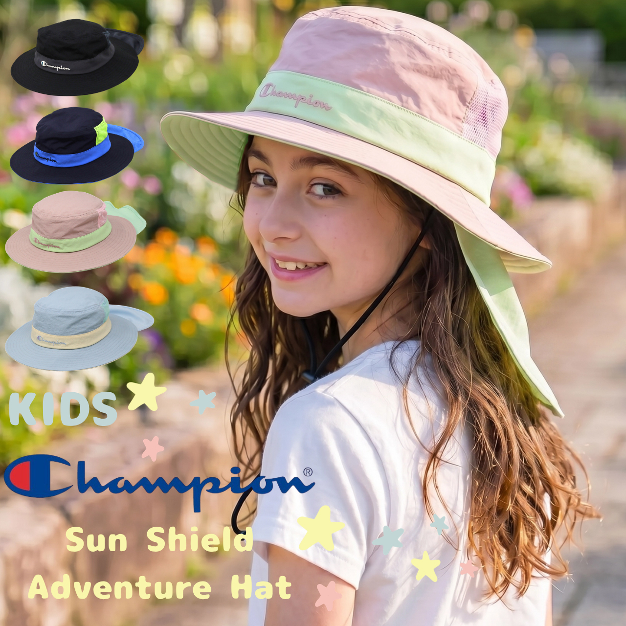 ピンクチュールハット Champion（チャンピオン） キッズ 帽子 タレ付き帽子 あごひも ハット