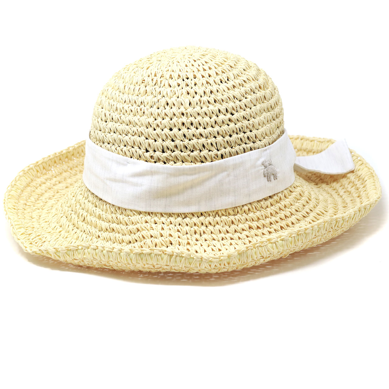 ストローハット レディース 細編み ペーパー リボン付 夏の帽子 