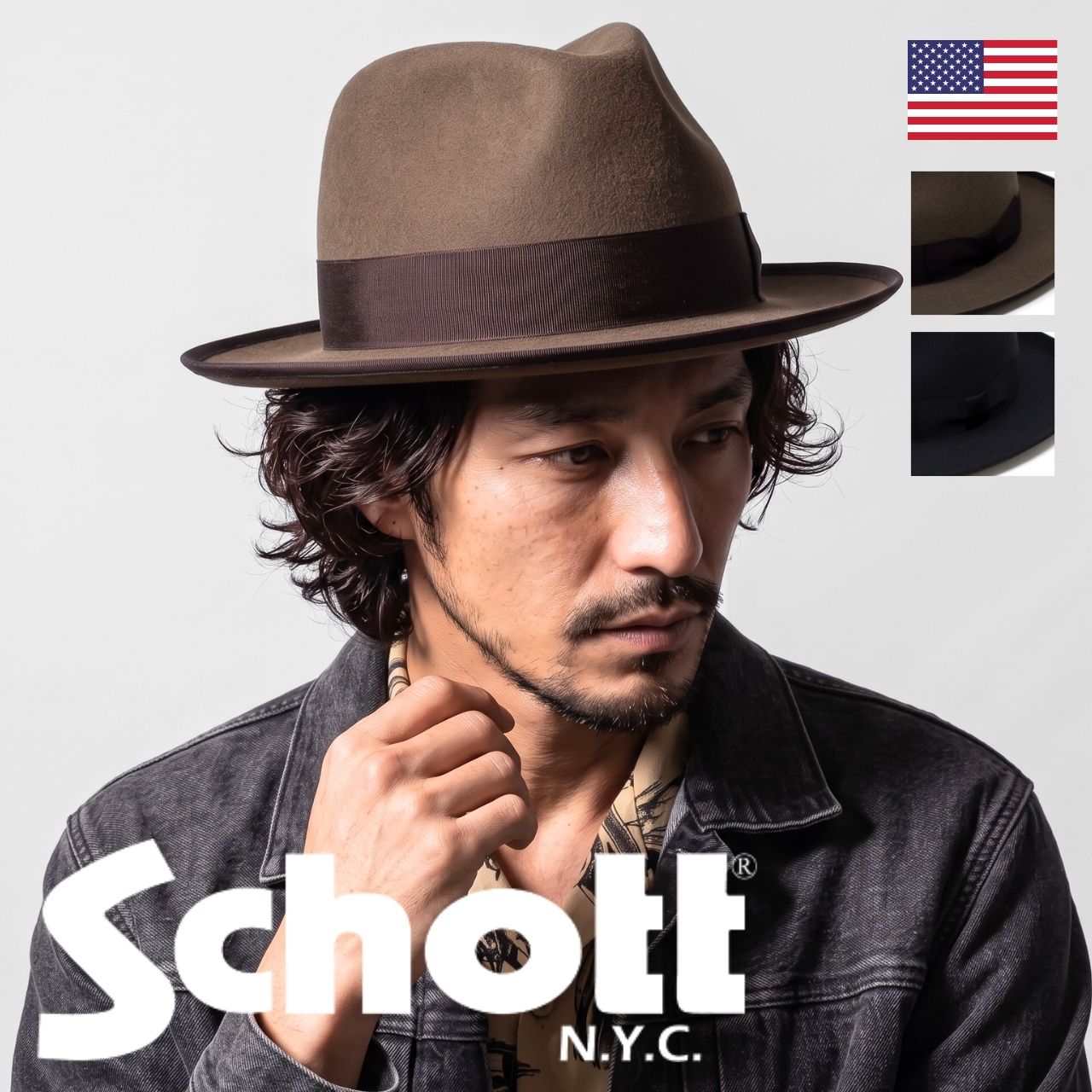 すけさん Schott×NEW YORK HATフェルトハット Schott N.Y.C（ショット） ハット Schott フェドラハット 帽子 メンズ