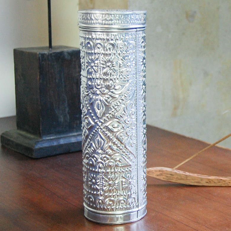 ラオス シルバー製 円筒形小物入れ ヴィンテージ 収納ケース アルミ 筒