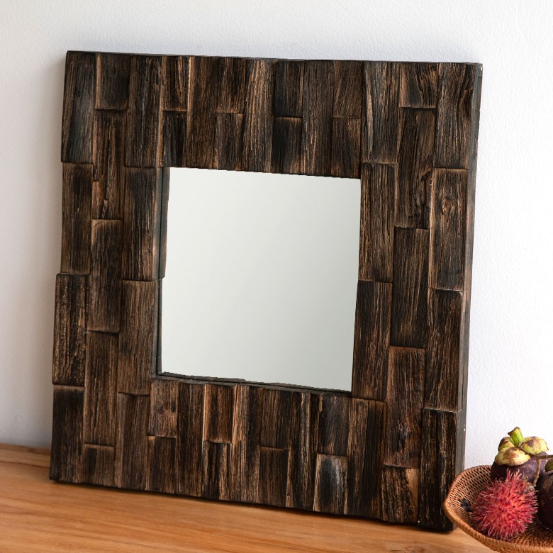 ミラー 壁掛け 卓上 鏡 金具付き アジアン チークウッド ブラウン