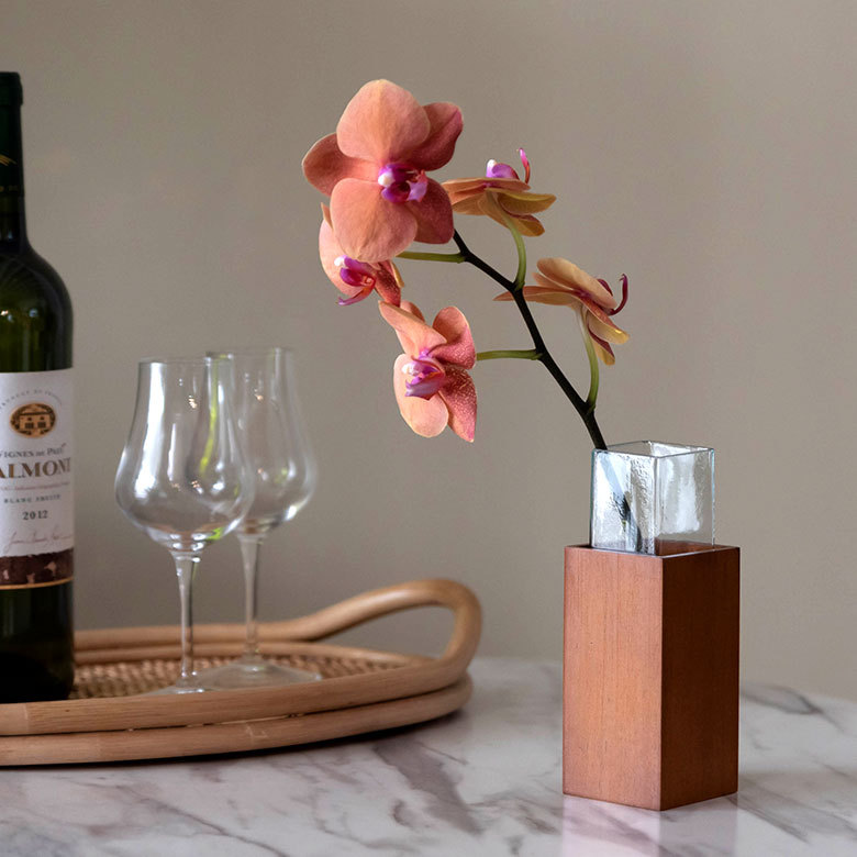 一輪挿し 花瓶 ガラス ウッド 木製 スクエア グリーン 緑 ブルー 水色