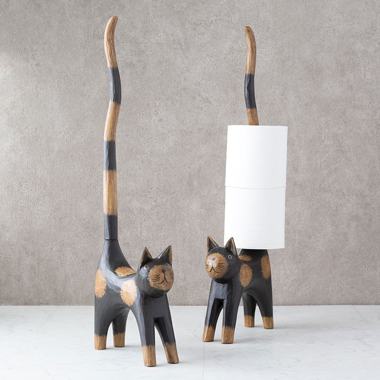 トイレットペーパーホルダー バリ ネコ 猫 置物 天然木 木彫り 