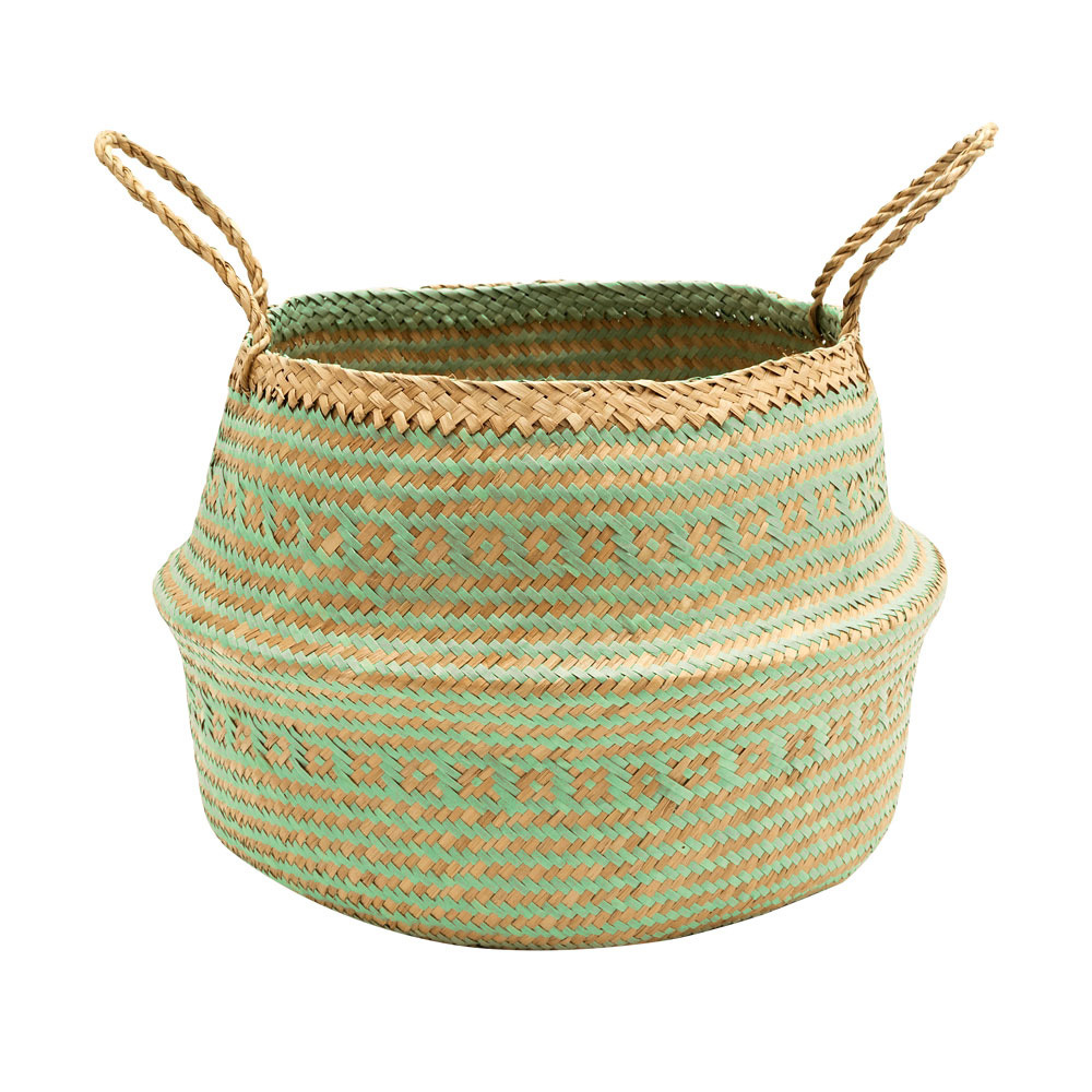 バスケット カゴ 大容量 [グリーン] シーグラス製 民族柄 深型 収納 アジア雑貨 持ち手つき コンパクト 5116 | ブランド登録なし | 01