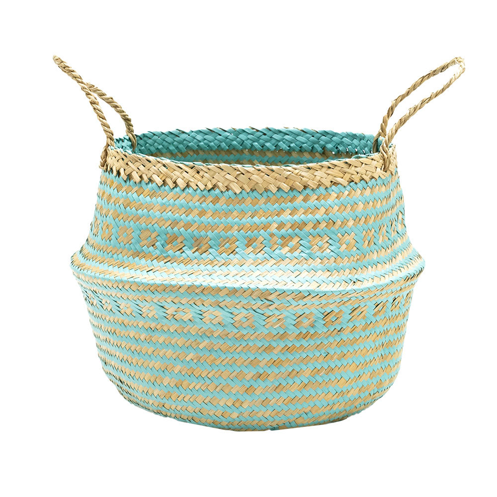 バスケット カゴ 大容量 [グリーン] シーグラス製 民族柄 深型 収納 アジア雑貨 持ち手つき コンパクト 5116 | ブランド登録なし | 02